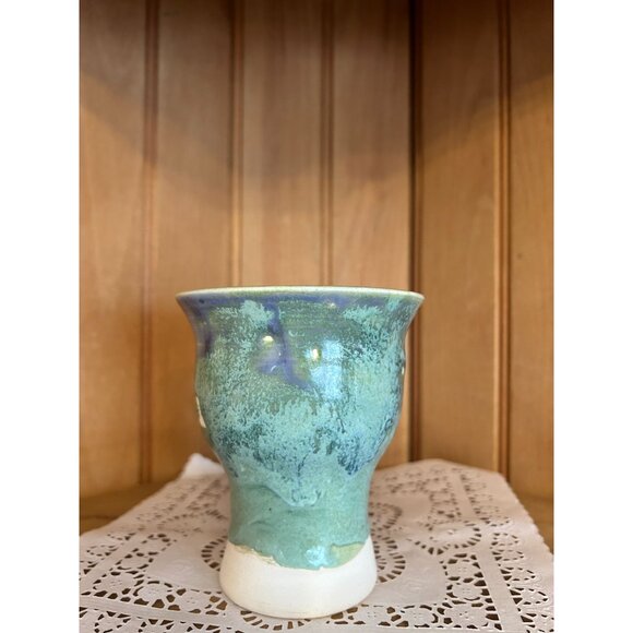 Handcrafted Studio Ceramic Pottery Blue Green Artist Signed Goblet Planter Vase - Picture 2 of 7
